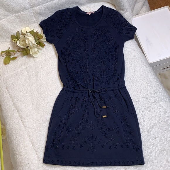 Juicy Couture Dresses & Skirts - Juicy Couture waist tie navy blue embroidered romper jumpsuit dress size XS